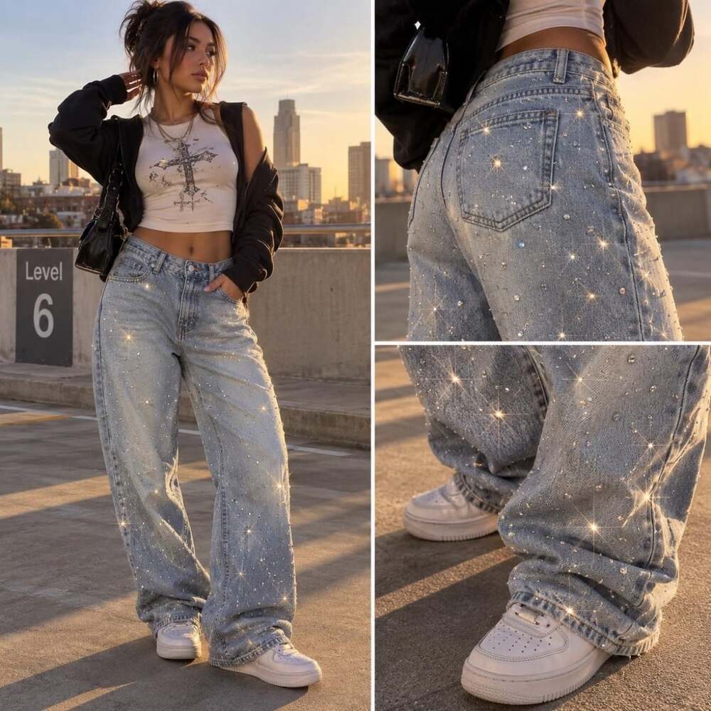 Universal Thread Mid Rise 90s Baggy Rhinestone Jeans - Picture 1 of 8